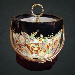 Vintage 1970s Oleg Cassini Ice Bucket Retro Black Lacquer Barware